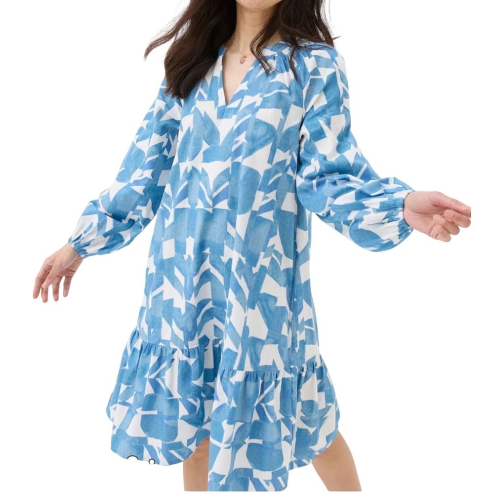 Nautical Coastal Cotton Blue White Geometric Tunic Midi Dress 8 Flowy Resortwear